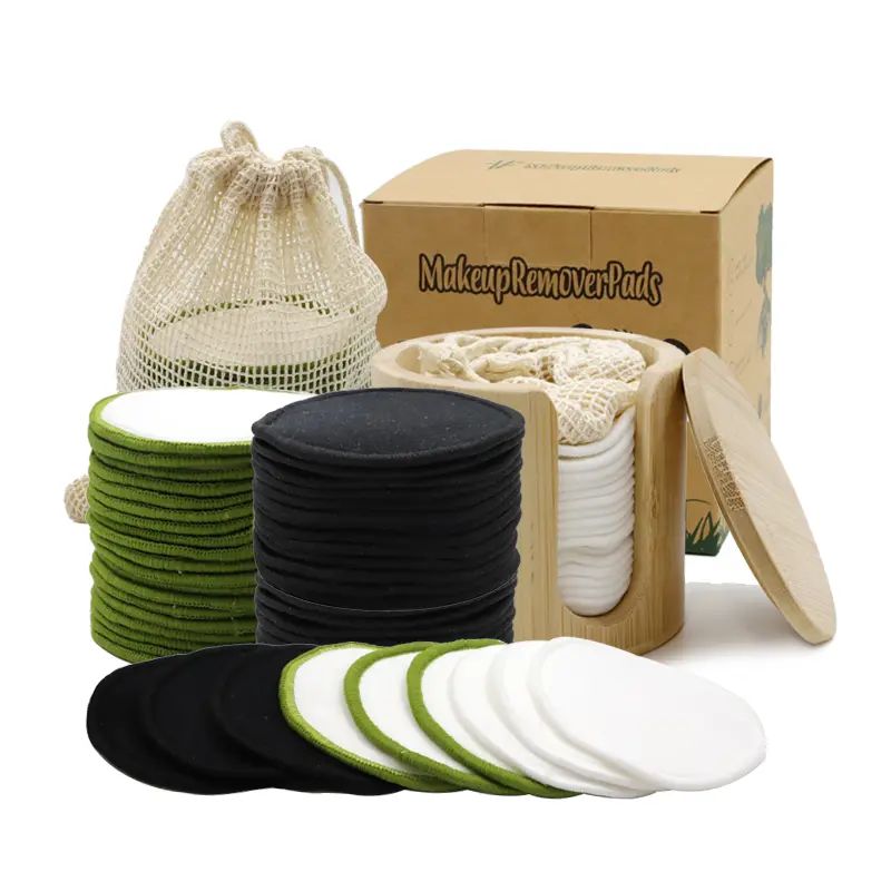 Bamboo-Cotton Round Reble Makeup Remover na may Woven Tape Packaging at Bamboo Round Box
